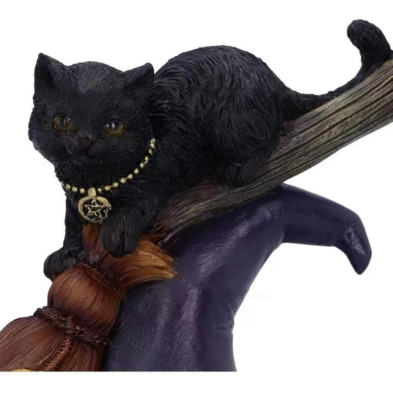 Halloween Black Cat Statue Witch hat Figurine Gothic Kittens Sculpture