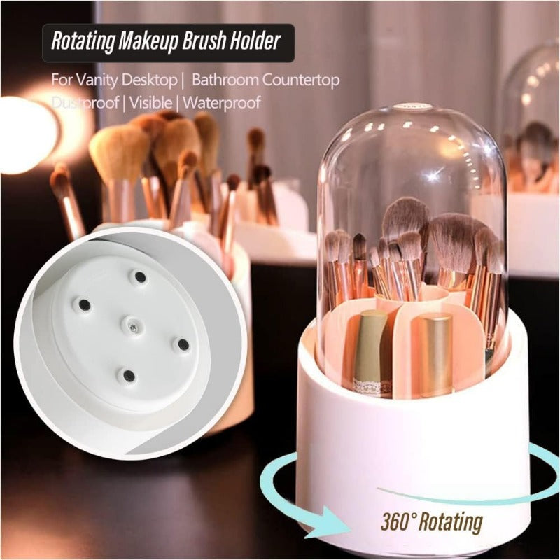 Makeup Brush Holder Organizer with Clear Lid 360° Rotating