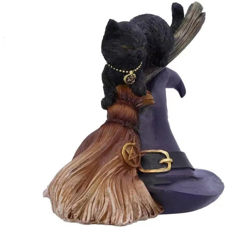 Halloween Black Cat Statue Witch hat Figurine Gothic Kittens Sculpture