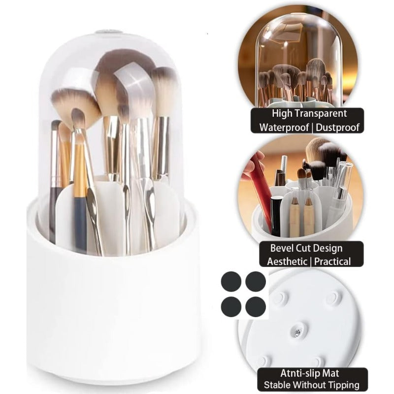 Makeup Brush Holder Organizer with Clear Lid 360° Rotating