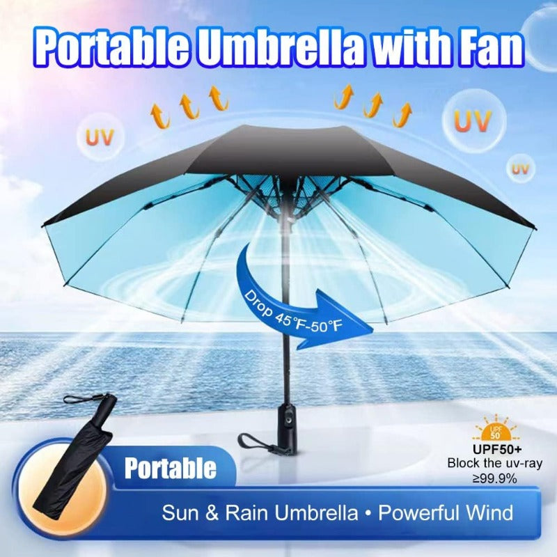 UV Sun Umbrella with Fan Portable Cooling Fan Umbrella UPF 50+