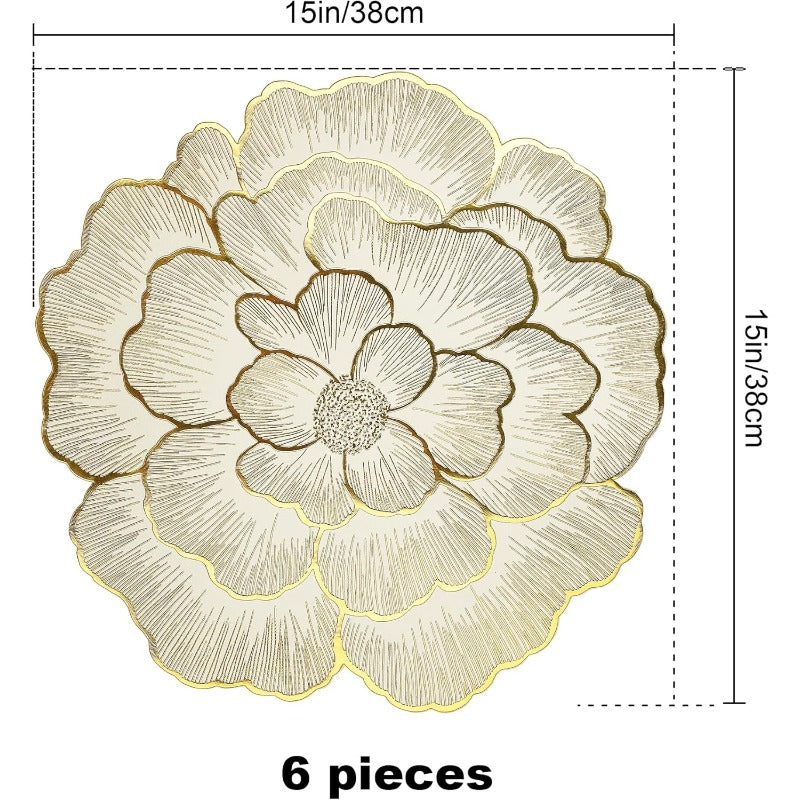 Round Floral Placemats Set of 6 Gold Rose-Shaped Placemats