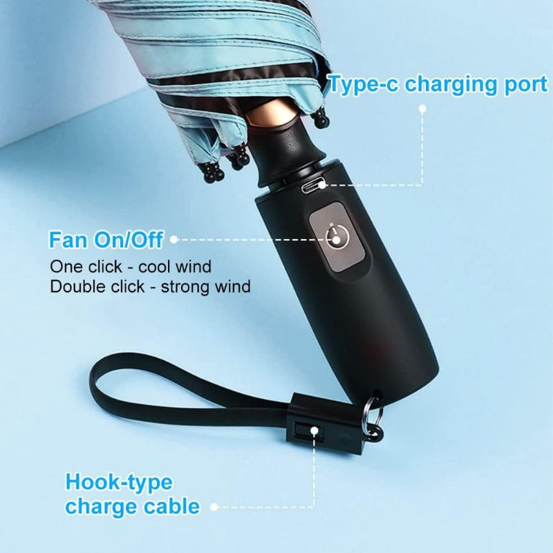 UV Sun Umbrella with Fan Portable Cooling Fan Umbrella UPF 50+